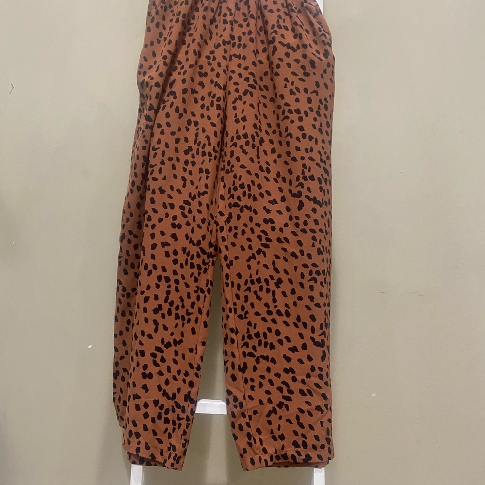 H&M Brown Leopard Print Pants US 8 High Rise Wide Leg Elastic Waist
